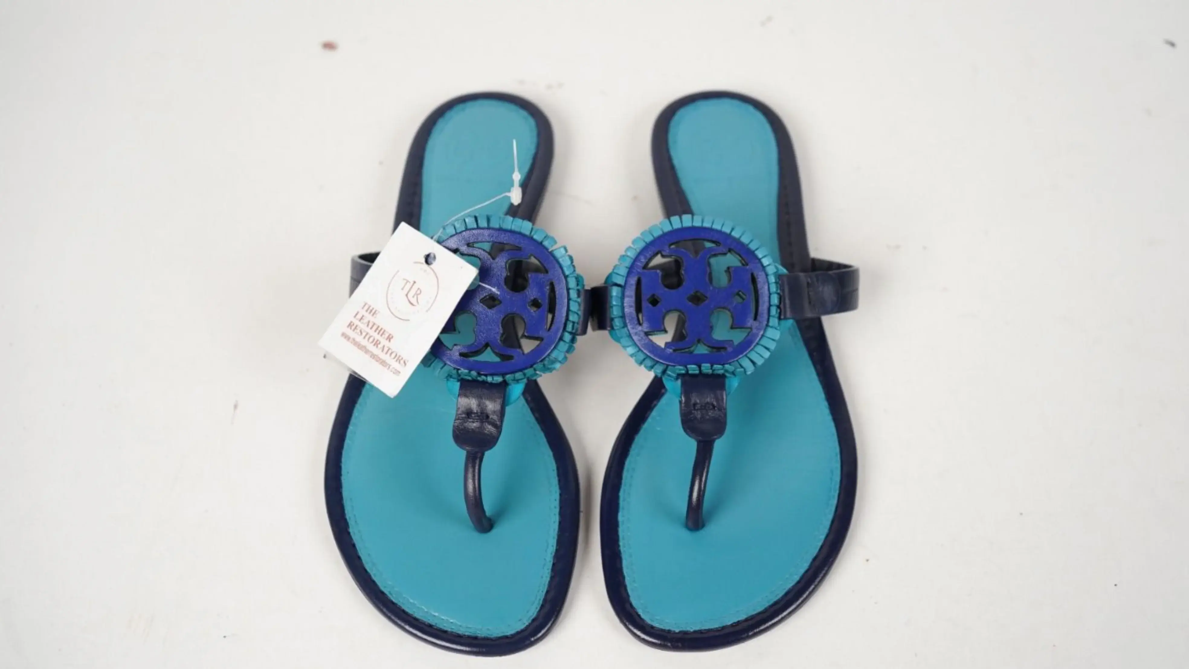 Before Tory Burch slippers colour restoration showing faded and worn finish