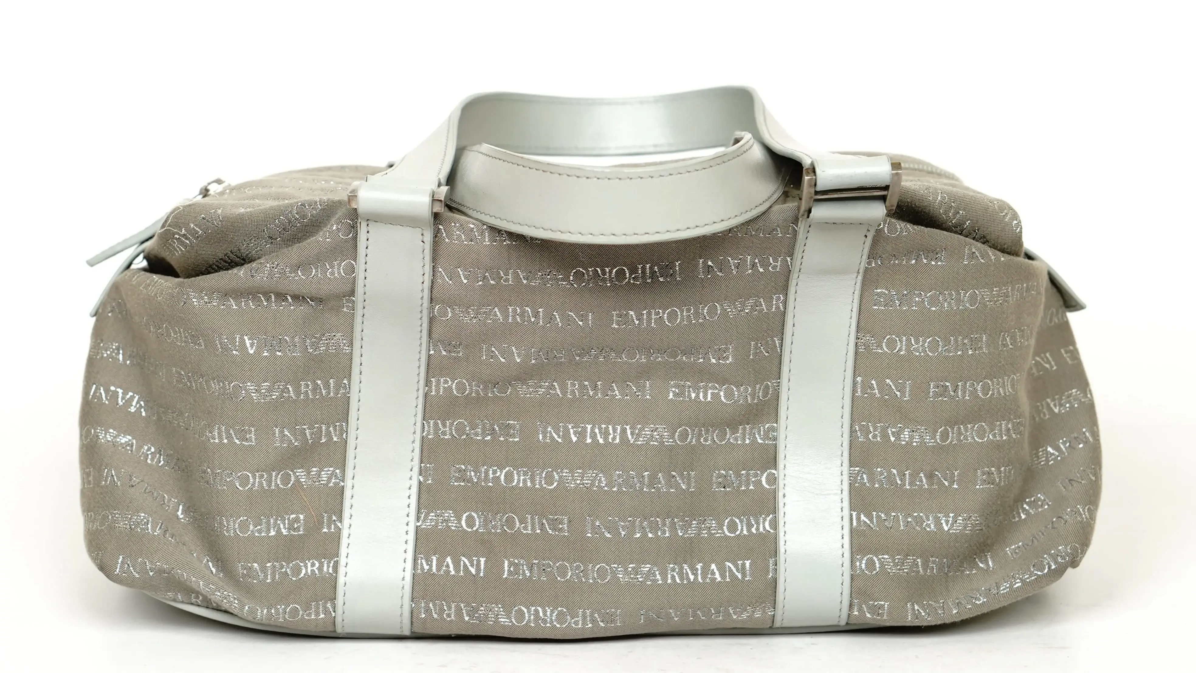 Before Emporio Armani duffle restoration worn handles and surface grime accumulation