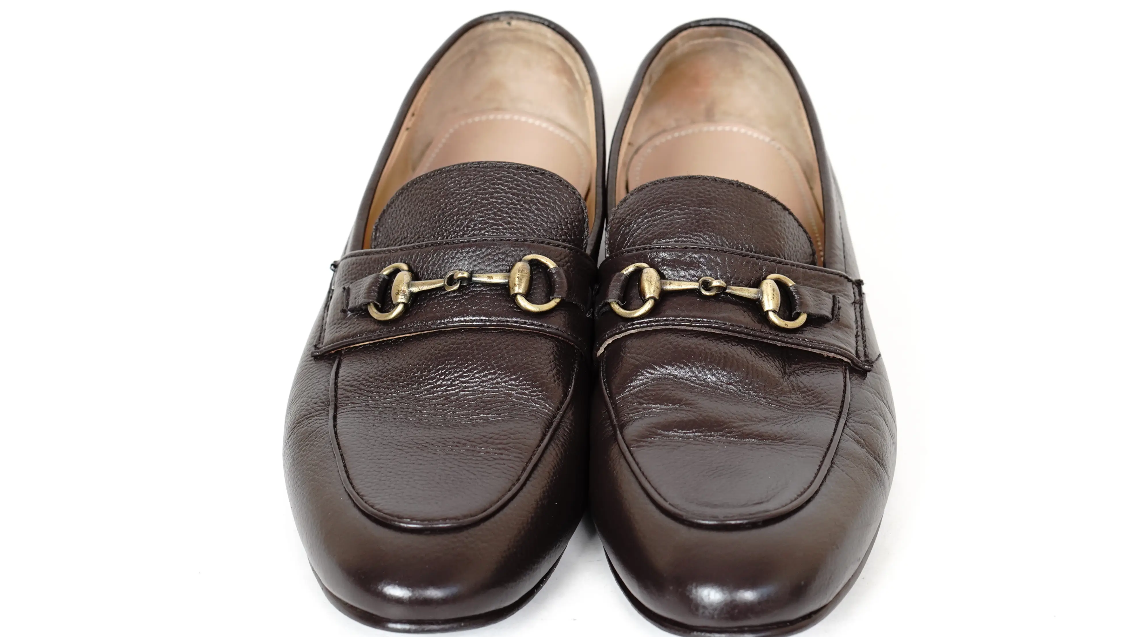 Before Gucci shoes colour restoration showing faded and worn finish