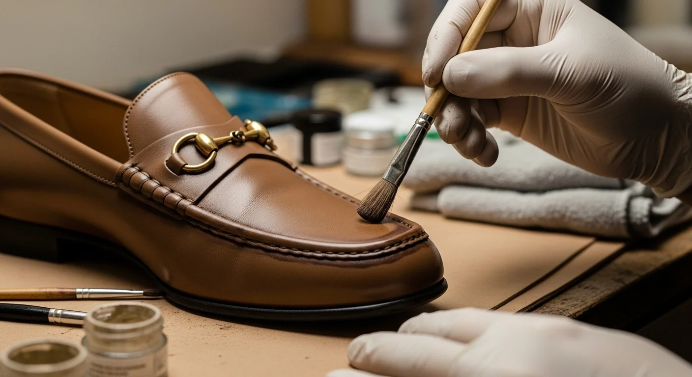 Artisan restoring a pair of luxury leather shoes in The Leather Restorators atelier, Delhi NCR